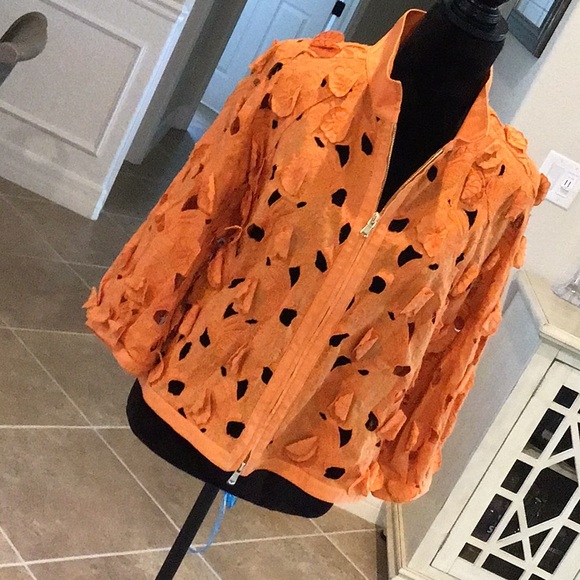 Per Se Jackets & Blazers - per se zip front half sleeve cutout/applique jacket, orange, size 12